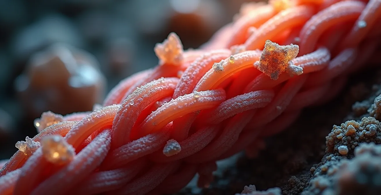 Vue macro de fibres musculaires et cristaux représentant les phases d'entraînement